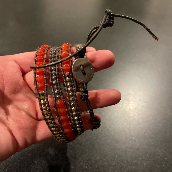 Red and Jet Bronze Sectioned Wrap Bracelet on Natural Grey Leather by Linda Chan - Picture 4 of 6